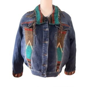 Refashioned Ruff Hewn Denim Jean Jacket Size Large. Wool Accent Horse Lovers